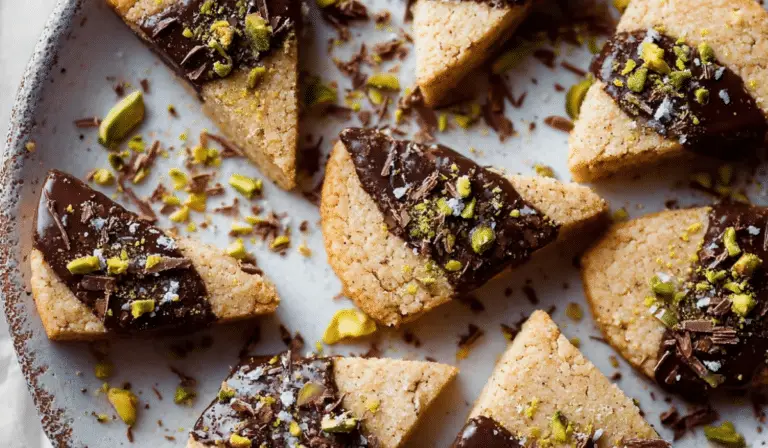 Salted Chocolate Pistachio Shortbread on ceramic plate