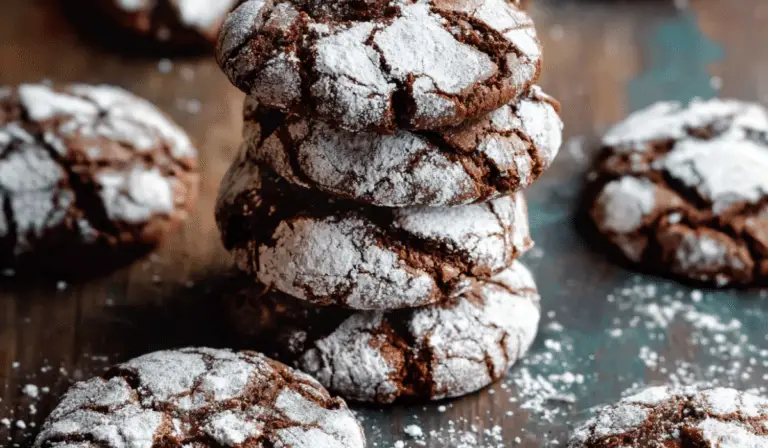 Nutella Crinkle Cookies stacked on wooden table