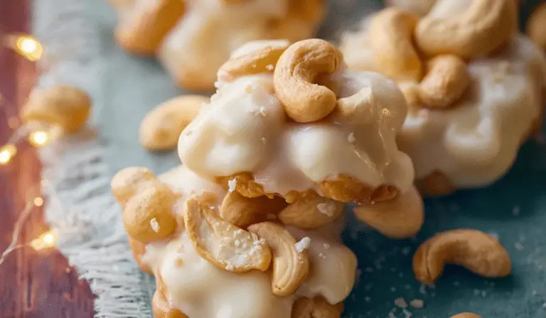 White Chocolate Caramel Cashew Clusters on holiday tray