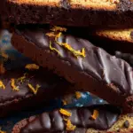 Dark Chocolate Orange Biscotti stacked in a rustic kitchen
