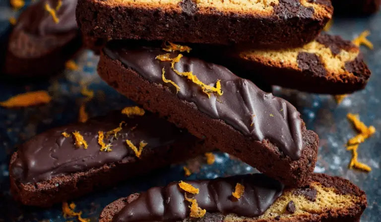 Dark Chocolate Orange Biscotti stacked in a rustic kitchen