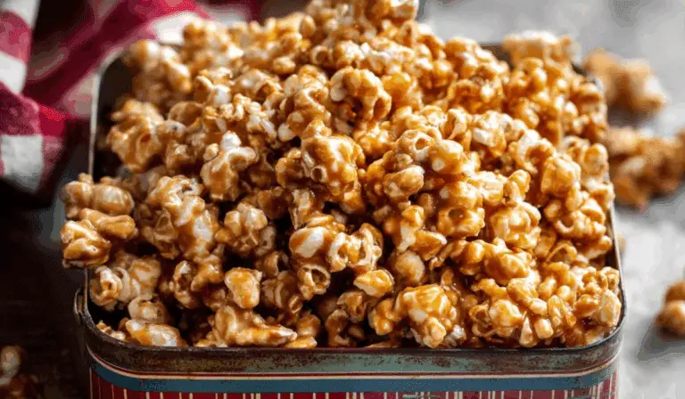 Grandma’s Homemade Caramel Corn overflowing from a vintage tin