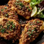 Walnut-Crusted Chicken plated with herbs and lemon