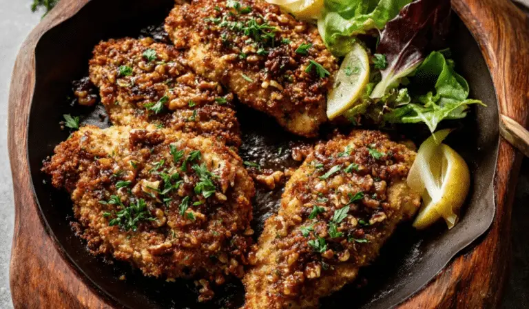 Walnut-Crusted Chicken plated with herbs and lemon