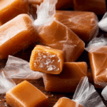 Soft Caramel Candies wrapped in wax paper on rustic table