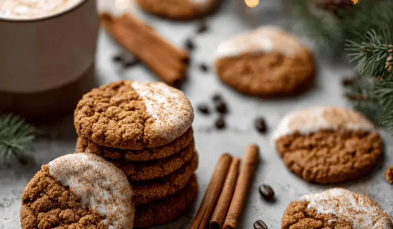 Gingerbread Latte Cookies stacked with latte mug
