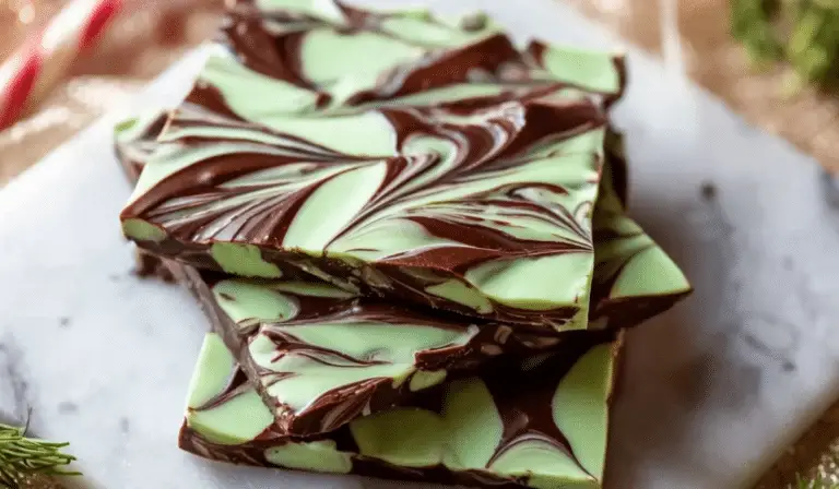 Mint Chocolate Swirl Bark on marble with holiday décor