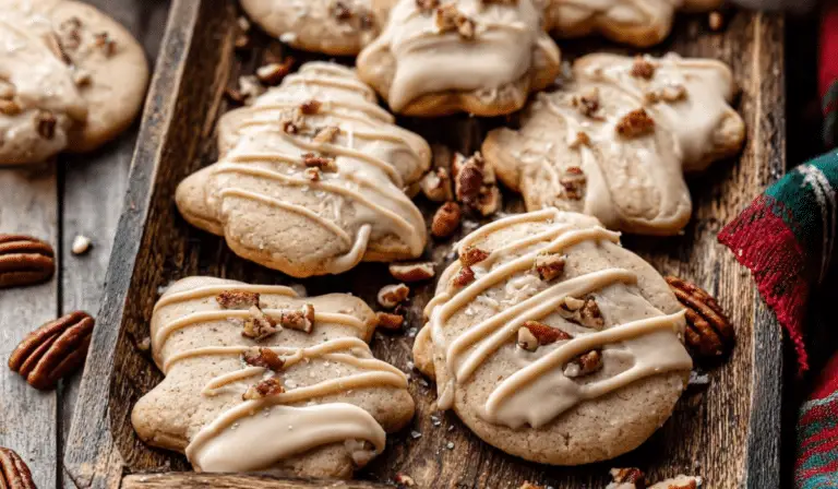 Pecan Sugar Cookies with Brown Butter Icing on a wooden tray