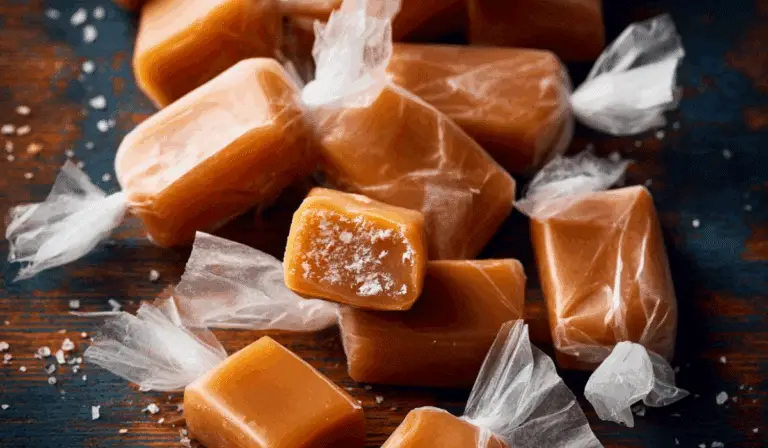 Soft Caramel Candies wrapped in wax paper on rustic table