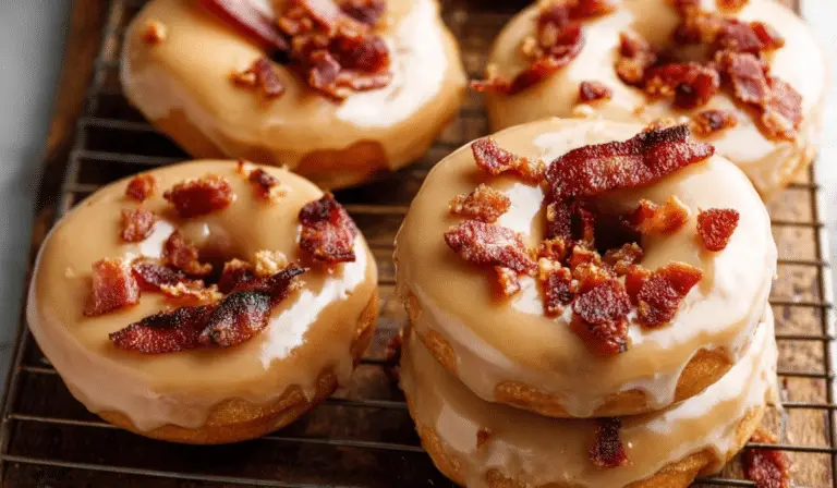 homemade maple bacon doughnuts stacked with glaze