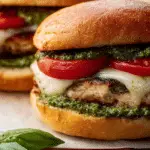 Caprese Pesto Chicken Burger stacked with mozzarella and tomato
