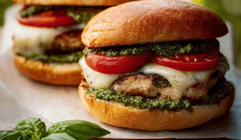 Caprese Pesto Chicken Burger stacked with mozzarella and tomato