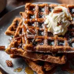 Easy Gingerbread Waffles stacked on a cozy breakfast table