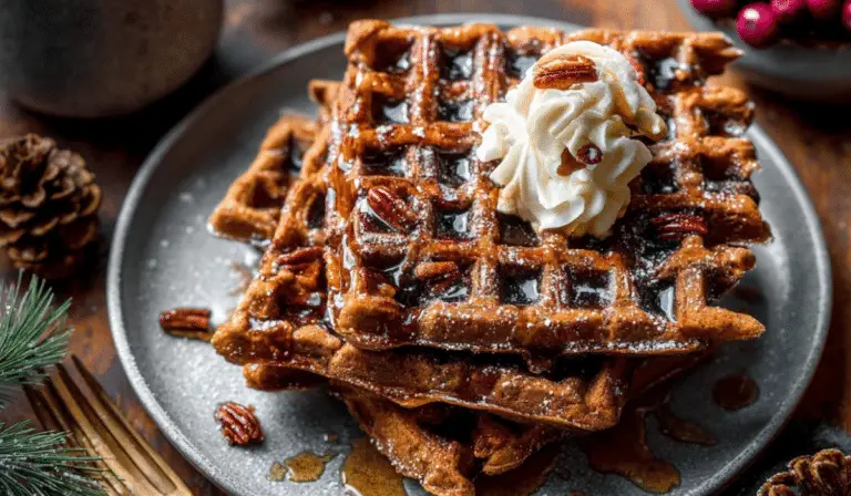 Easy Gingerbread Waffles stacked on a cozy breakfast table