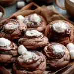 Marshmallow-Surprise Hot Cocoa Cookies on wooden tray