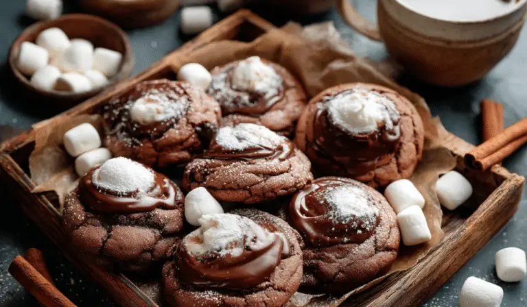 Marshmallow-Surprise Hot Cocoa Cookies on wooden tray