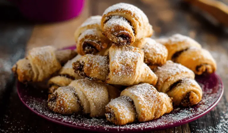 Rugelach Cookies with Cream Cheese Dough stacked on a table