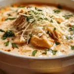 Crock Pot Creamy Chicken Parmesan Soup in a white bowl