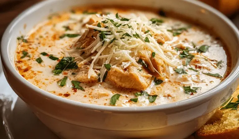 Crock Pot Creamy Chicken Parmesan Soup in a white bowl