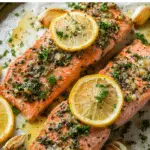 Baked Lemon Garlic Salmon plated with lemon slices