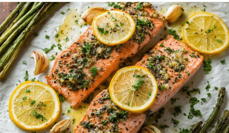 Baked Lemon Garlic Salmon plated with lemon slices