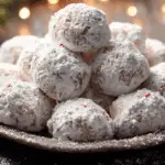 Peppermint Snowball Cookies on festive holiday tray