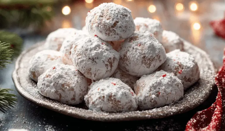 Peppermint Snowball Cookies on festive holiday tray