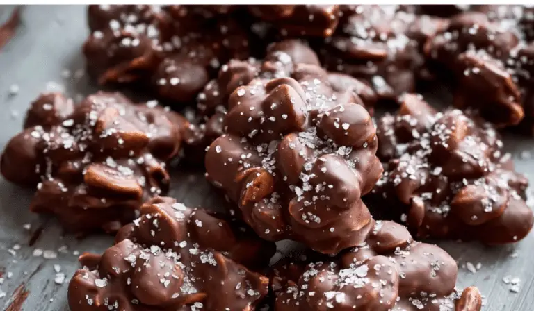 Sea Salt Dark Chocolate Almond Clusters on rustic table