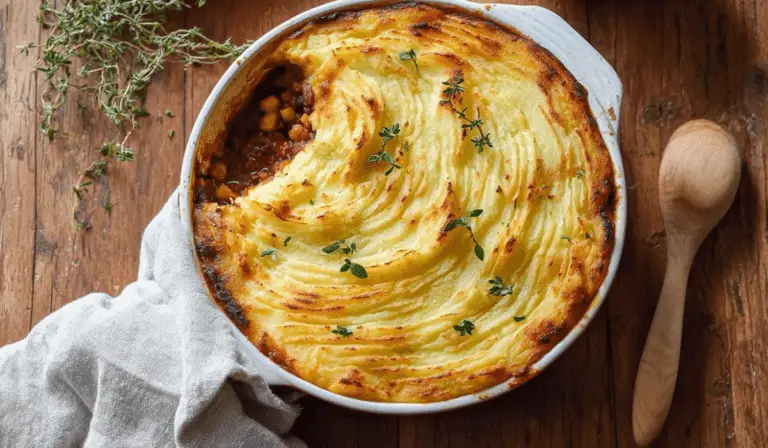 Vegetarian Shepherd’s Pie in ceramic dish