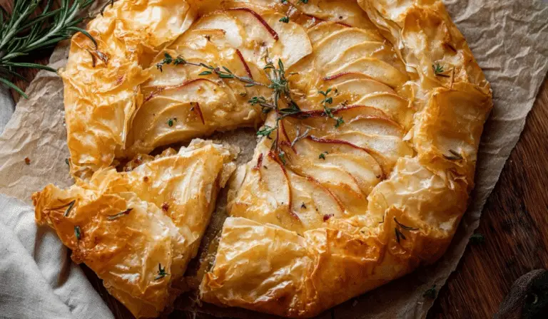 Apple Brie Phyllo Galette on rustic board