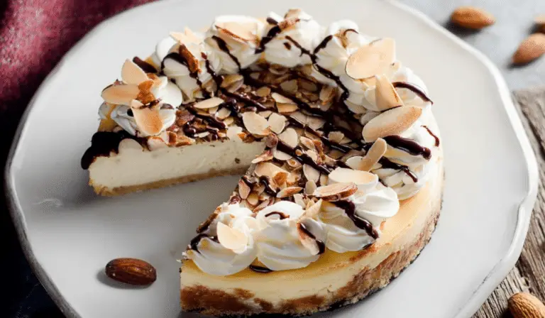 Amaretto Cheesecake slice with almonds and chocolate