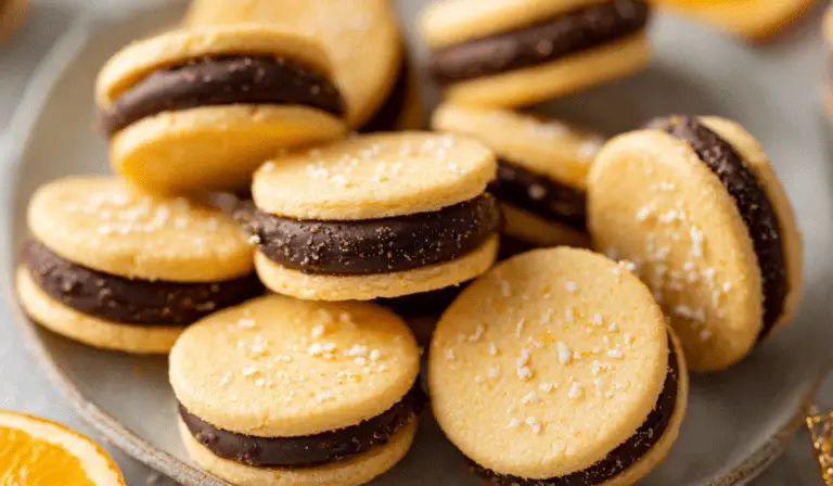 Chocolate Orange Sandwich Cookies stacked on a plate