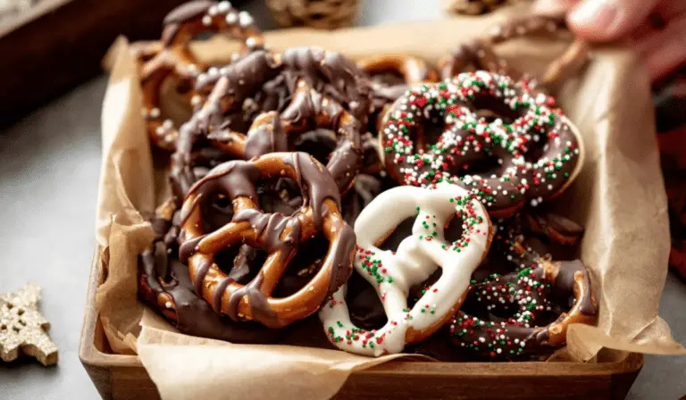 Chocolate Covered Pretzels on holiday tray
