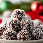 No-Bake Chocolate Coconut Snowballs on holiday platter