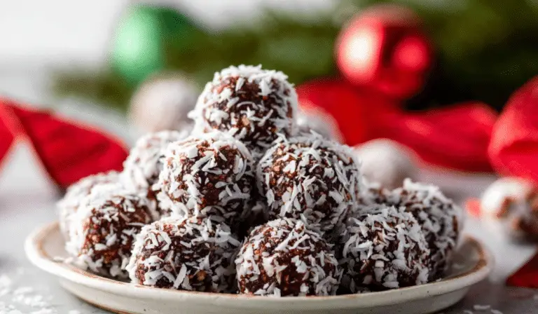 No-Bake Chocolate Coconut Snowballs on holiday platter
