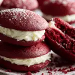 Red Velvet Whoopie Pies stacked on plate