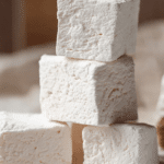 Homemade Marshmallows stacked on a rustic kitchen table