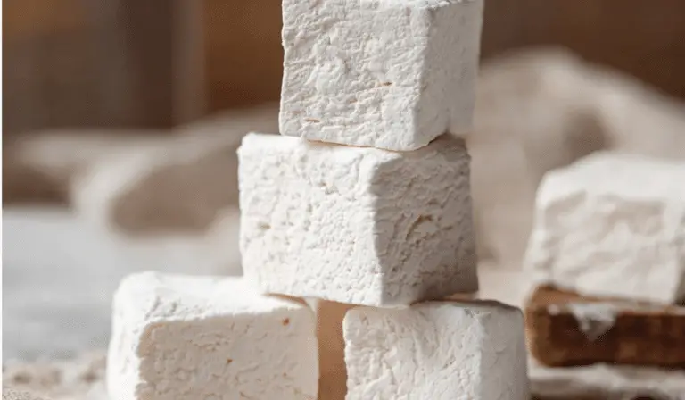 Homemade Marshmallows stacked on a rustic kitchen table