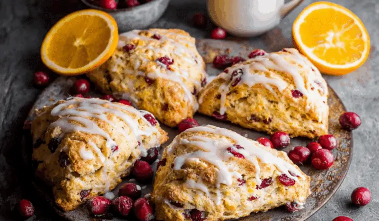 Glazed Cranberry Orange Scones on a rustic tray