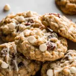 White Chocolate Chip Cherry Oatmeal Cookies on a holiday plate