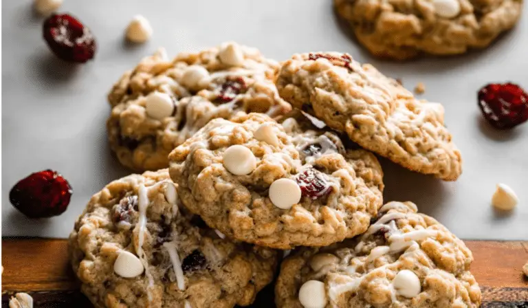 White Chocolate Chip Cherry Oatmeal Cookies on a holiday plate