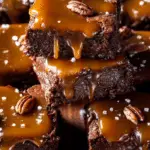 Salted Caramel Turtle Brownies stacked with caramel drizzle