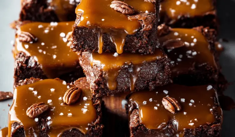 Salted Caramel Turtle Brownies stacked with caramel drizzle