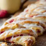 Iced Raspberry Pastry Braid on rustic table