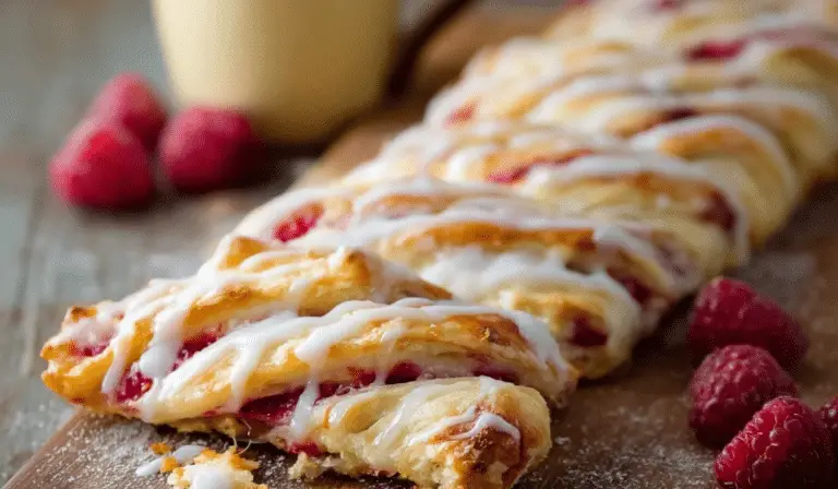 Iced Raspberry Pastry Braid on rustic table