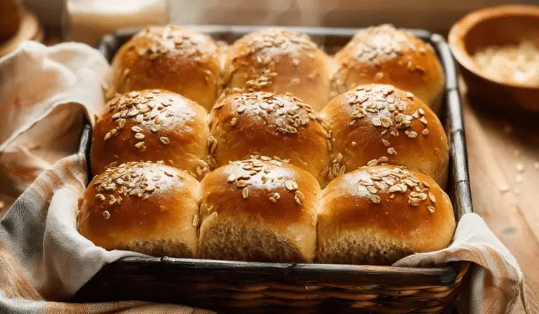 Oatmeal Molasses Dinner Rolls in a rustic basket