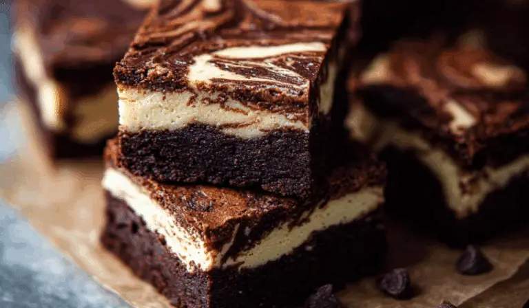 Mocha Cheesecake Brownies on rustic table