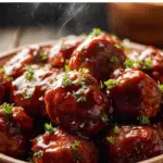 Slow Cooker BBQ Meatballs in a rustic bowl