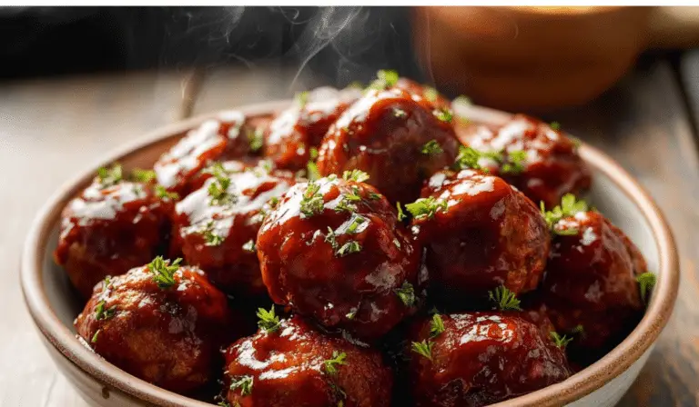 Slow Cooker BBQ Meatballs in a rustic bowl